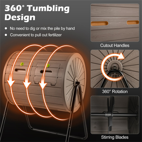 咖啡色双室堆肥滚筒37.5Gal 360°旋转堆肥箱，带搅拌叶片，用于花园-7