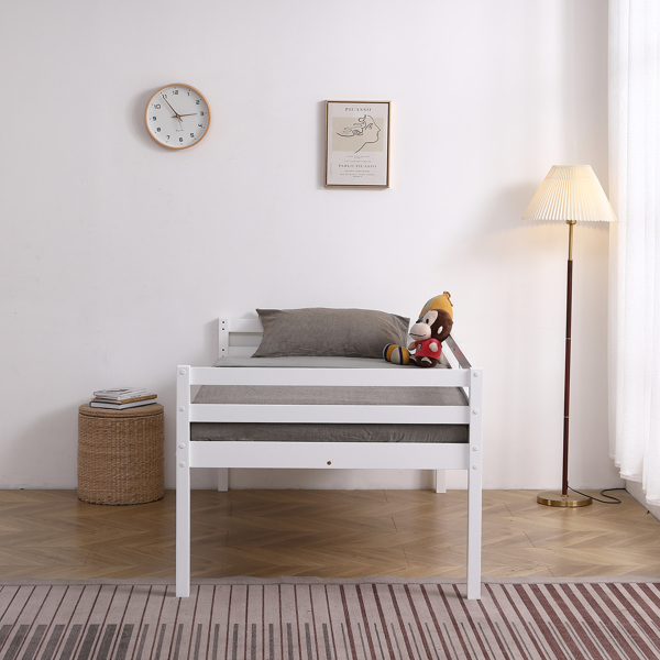 白色 油漆面 松木+胶合板 头尾横撑护栏 Twin 儿童木床 直梯 可拆分成单层床 双层床-38