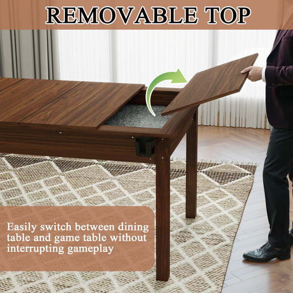 63英寸 x 40英寸棋盘游戏桌，配有可拆卸桌面，适合4-6人玩耍，兼具游戏和用餐功能，实木桌腿，防滑游戏垫，旋转式杯架 - 复古棕色，不支持self-pick up且不支持指定仓库发货-11