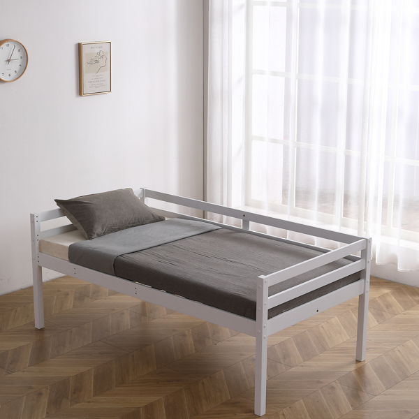 白色 油漆面 松木+胶合板 头尾横撑护栏 Twin 儿童木床 直梯 可拆分成单层床 双层床-53