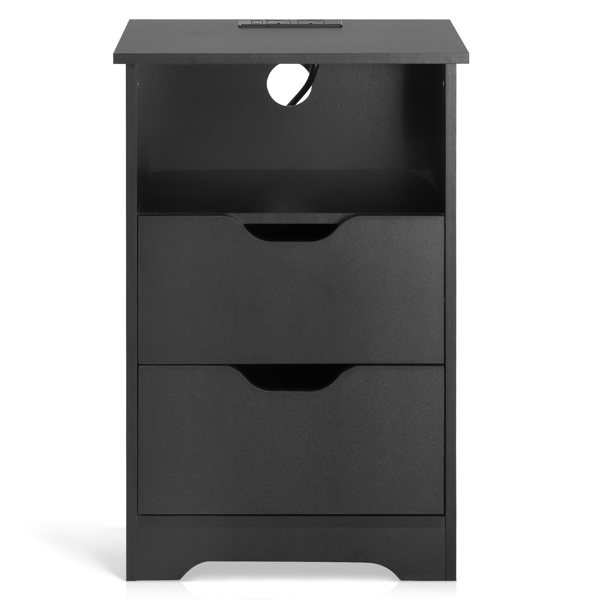 黑色 P2刨花板 贴麻面三胺 无拉手 40*30*60cm 两抽带上隔层 床头柜 带欧规电源 1PC-46