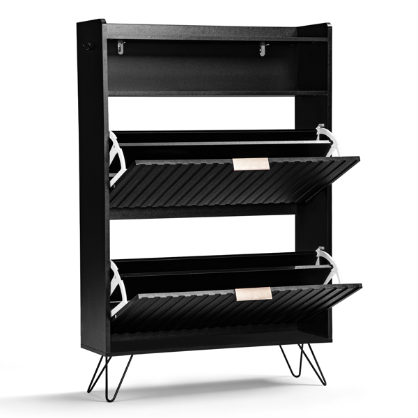 格栅面带挡板2斗加顶翻盖抽屉2挂钩高脚 鞋柜 刨花板柜体 密度板吸塑门 80*24*120cm  黑色-2