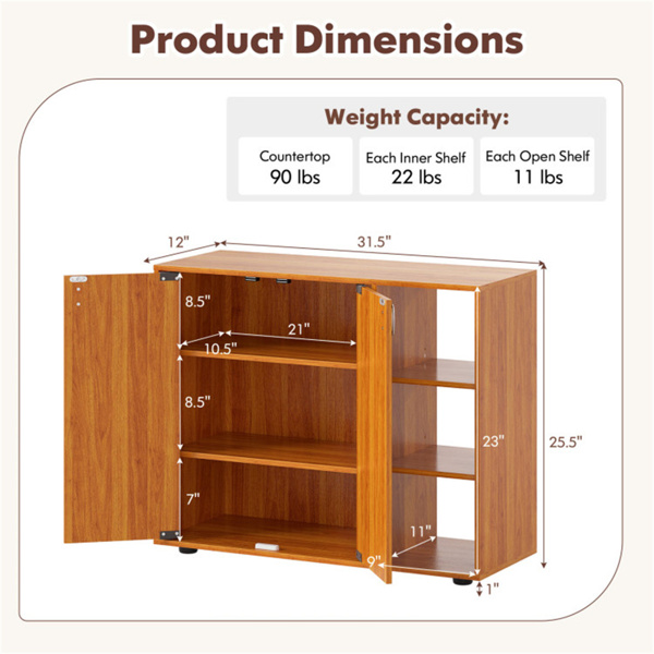 可调节货架鞋柜，2门封闭式+3层开放式入口储物柜-自然色-3