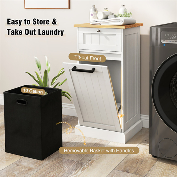 倾斜式洗衣篮柜竹质MDF 10Gal带抽屉防倾倒装置白色+天然-8