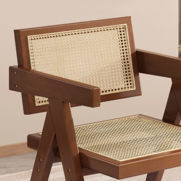 现代中世纪餐厅椅，藤条装饰椅，舒适扶手椅，带扶手的户外木椅，卧室、客厅、阅览室、餐厅厨房，棕色--不支持self pick up且不支持指定仓发货-8