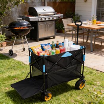 超大容量折叠式手推车，加长型伸缩式拉杆，折叠式手推车，适用于花园、购物、沙滩等场合（黑色+蓝色）--不支持self-pick up且不支持指定仓库发货