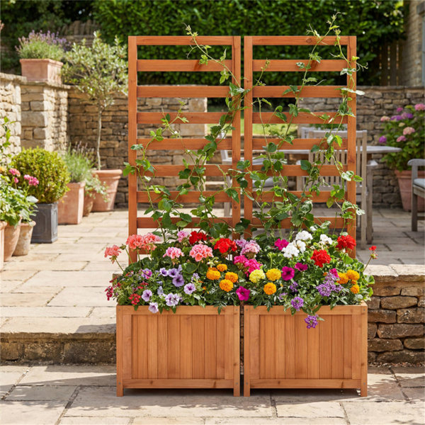 2合1木制高架花园床，带格栅，攀爬植物和花卉的高效排水系统-3