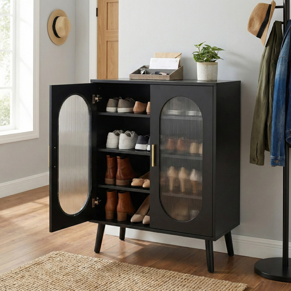 2门阳光板高脚内部4层带USB灯带24键可调节 鞋柜 刨花板 + 阳光板 68*40*83.5 cm 黑色-4