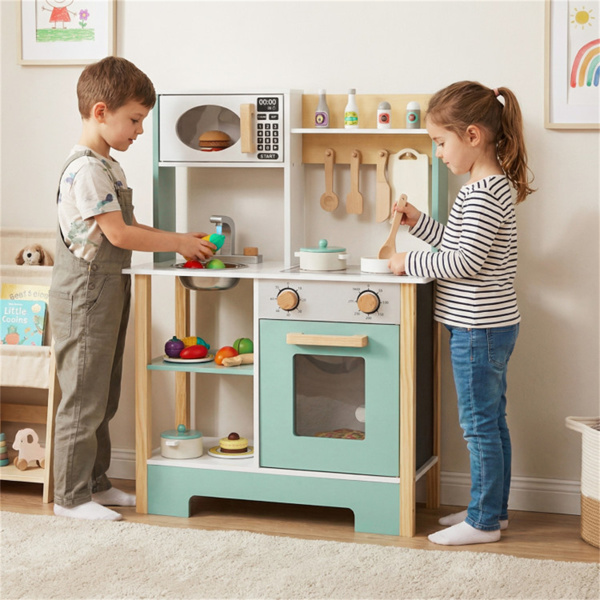 儿童木制游戏厨房，配有13个配件，3人以上带黑板的假装烹饪套装，绿色+白色-9