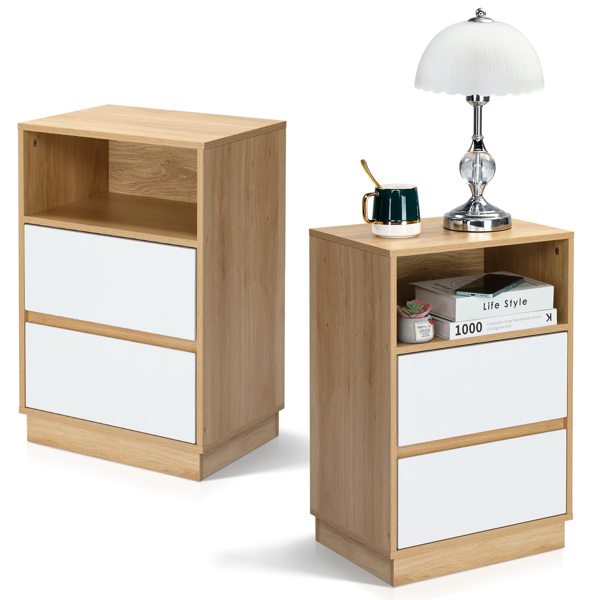 白色+橡木色 P2刨花板 贴麻面三胺 抽屉斜封边 40*30*60cm 两抽带上隔层 床头柜 1PC-5