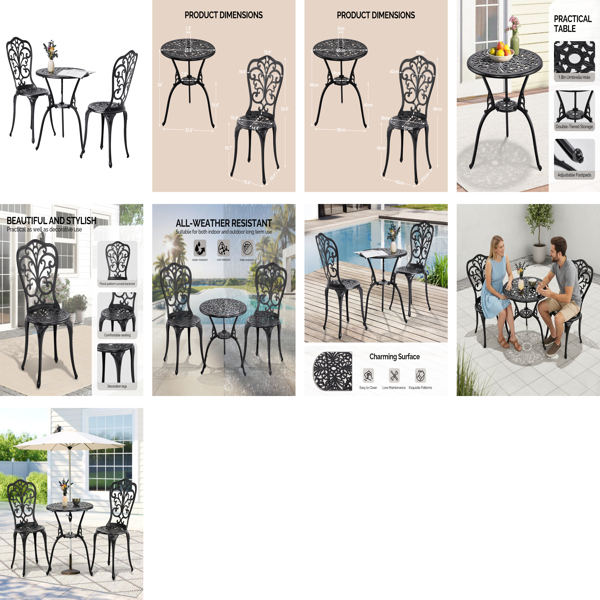 2pcs单人椅和1pc圆桌 蝴蝶花型 黑色 铸件套装-10