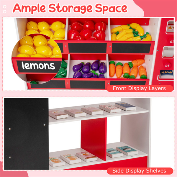 红色木制儿童超市玩具套装，带自动售货机，90.17×78.74×104.14cm杂货店玩具，带购物车，3人+-10