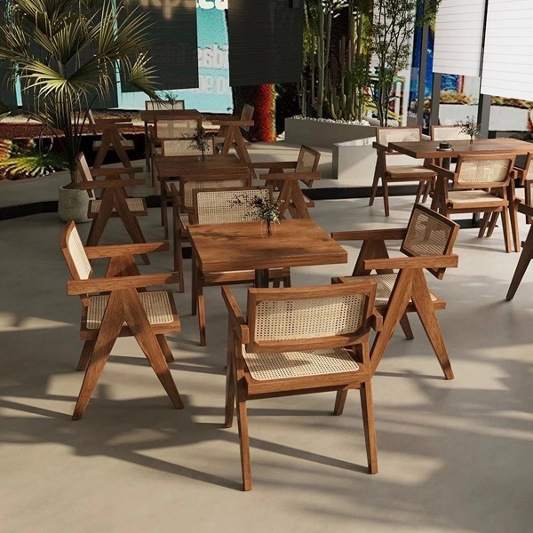 现代中世纪餐厅椅，藤条装饰椅，舒适扶手椅，带扶手的户外木椅，卧室、客厅、阅览室、餐厅厨房，棕色--不支持self pick up且不支持指定仓发货-9