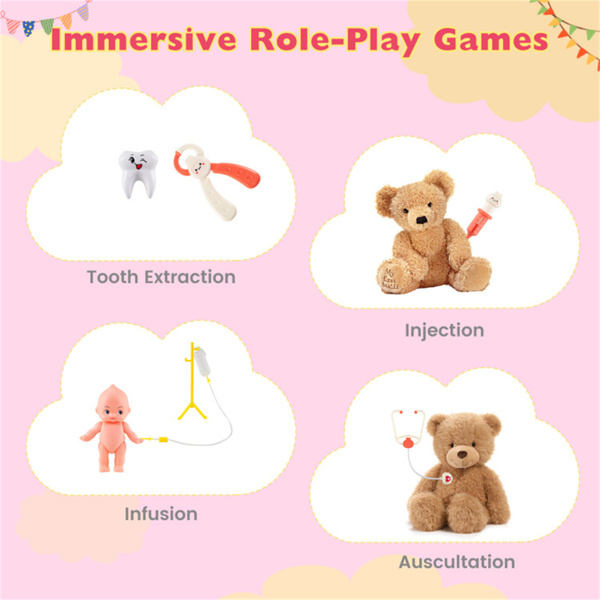 木制儿童医生医疗站游戏机，93.98×54.61×99.06cm 27件带心电图监测仪的医疗工具，适用于3-6年，粉红色+白色-4