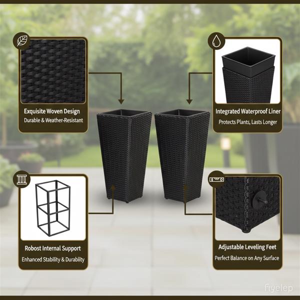 一套2个藤花盆，带可拆卸内盆，金属框架可调节脚垫，用于园艺-7