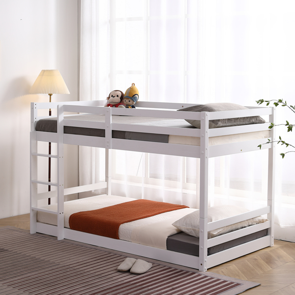 白色 油漆面 松木+胶合板 头尾横撑护栏 Twin 儿童木床 直梯 可拆分成单层床 双层床-34