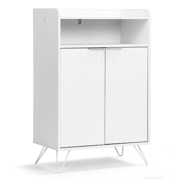 格栅面带挡板2门加顶部开放空间带2钩高脚 鞋柜 刨花板柜体 密度板吸塑门 68*40*106m  白色-3