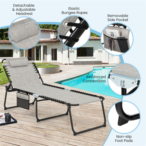 超大露台躺椅休息室，27英寸宽，4位可调节靠背，灰色折叠晒黑椅-8
