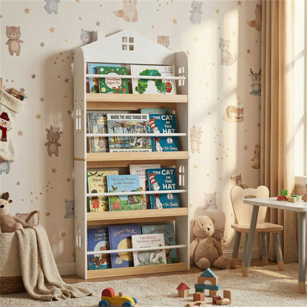 4层房屋形儿童书架，60.96×15.24×129.54 cm正面书架，带3年以上防倾倒套件，白色和天然色-3