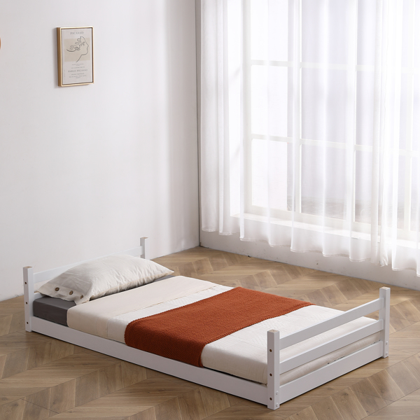 白色 油漆面 松木+胶合板 头尾横撑护栏 Twin 儿童木床 直梯 可拆分成单层床 双层床-45