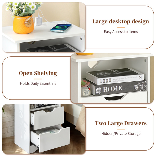 白色 P2刨花板 贴麻面三胺 无拉手 40*30*60cm 两抽带上隔层 床头柜 带欧规电源 1PC-5