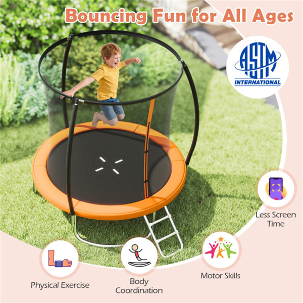 8FT蹦床，带安全罩，243.84cm圆形蹦床，适合3岁以上儿童和成人，静态容量880LBS，橙色-8