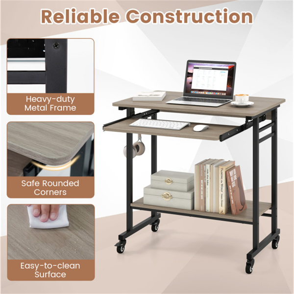 灰色移动电脑桌，带键盘托盘和储物架，360°可锁定脚轮，适用于家庭办公室-7