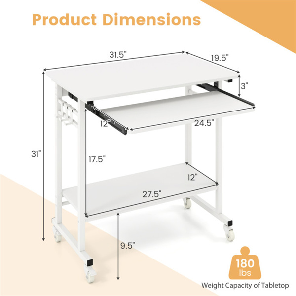 白色移动电脑桌，带键盘托盘和储物架，360°可锁定脚轮，适用于家庭办公室-3