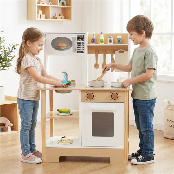 儿童木制游戏厨房，配有13个配件，3人以上带黑板的假装烹饪套装，白色+自然色-6
