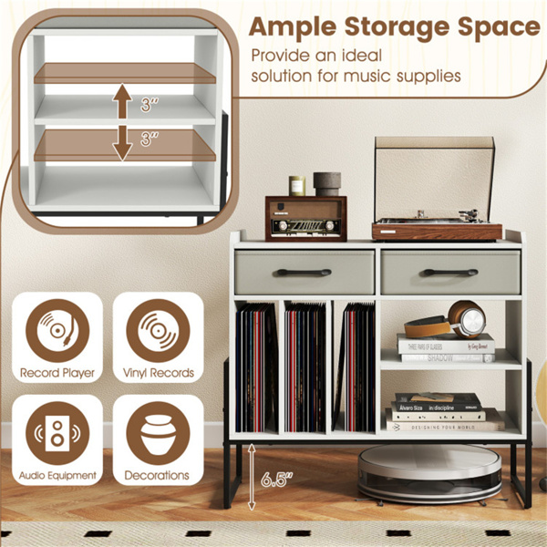 带充电站、可调节架子和折叠抽屉的唱片播放器支架乙烯基白色储物-白色-8