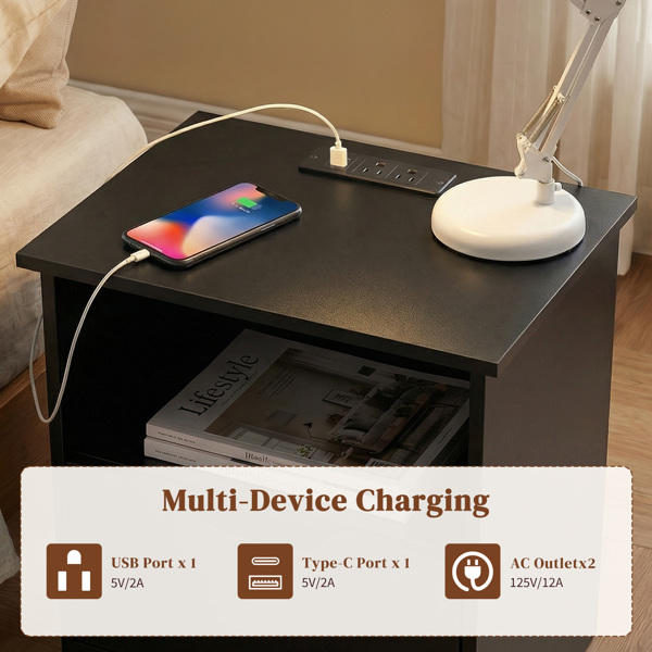 黑色 P2刨花板 贴麻面三胺 无拉手 40*30*60cm 两抽带上隔层 床头柜 带欧规电源 1PC-27