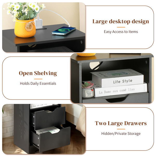 黑色 P2刨花板 贴麻面三胺 无拉手 40*30*60cm 两抽带上隔层 床头柜 带欧规电源 1PC-17