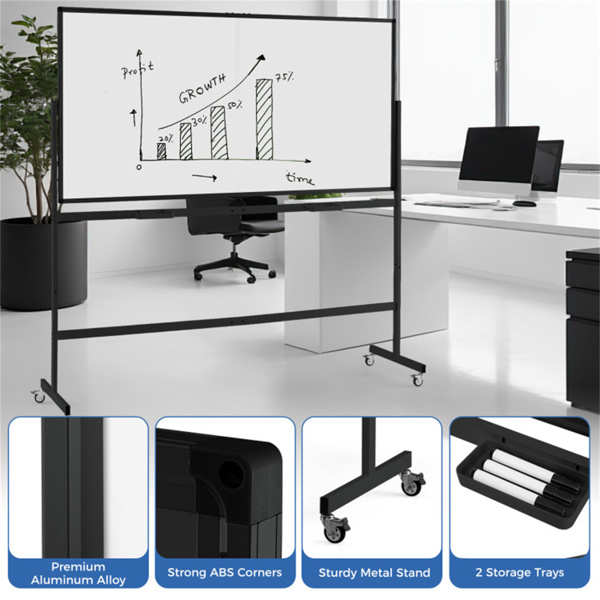 360°旋转双面磁性白板，182.88×91.44cm书写面移动式带脚轮干擦板，黑色-7