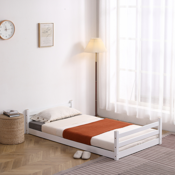 白色 油漆面 松木+胶合板 头尾横撑护栏 Twin 儿童木床 直梯 可拆分成单层床 双层床-42