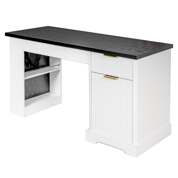 55英寸现代凹槽办公桌，带储物柜和抽屉，电脑书桌，带电源插座、挂板、内置搁板和键盘托盘，适用于书房、客厅、家庭办公室，白色-23