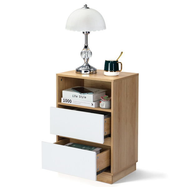 白色+橡木色 P2刨花板 贴麻面三胺 抽屉斜封边 40*30*60cm 两抽带上隔层 床头柜 1PC-2