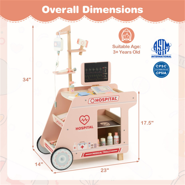 木制儿童医生医疗中心游戏机，58.42×35.56×86.36厘米CT机和静脉支架3年以上假装游戏套件，粉色-3
