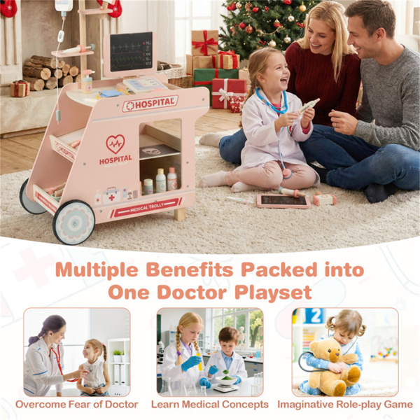 木制儿童医生医疗中心游戏机，58.42×35.56×86.36厘米CT机和静脉支架3年以上假装游戏套件，粉色-11