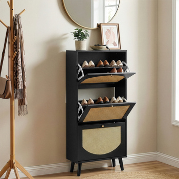 藤面3翻斗 鞋柜 刨花板 54*24*135 cm  黑色