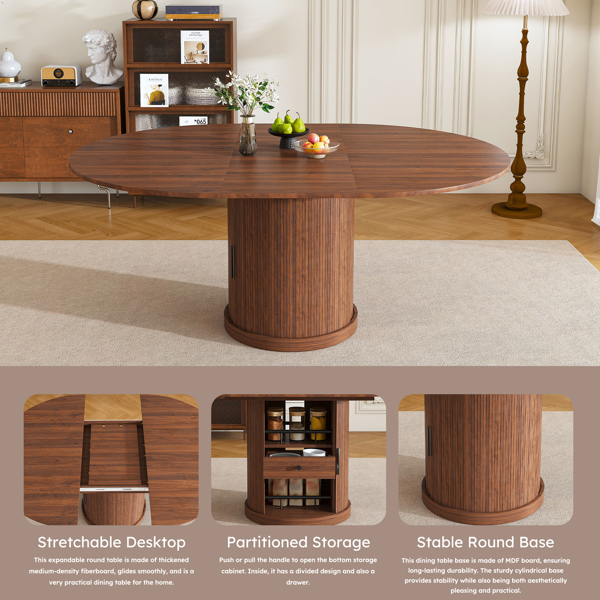 59英寸可伸缩椭圆形餐桌，带两层储物空间，适合4-6人使用，胡桃木色，节省空间的伸缩式厨房餐桌，MDF材质，胡桃木饰面，底座为立柱式设计。-19