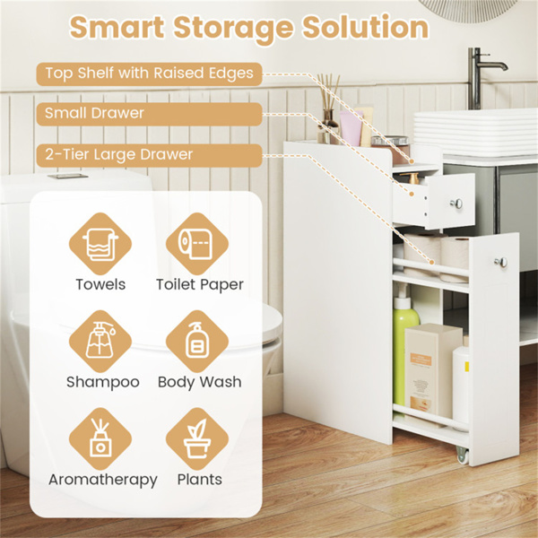 超薄浴室储物柜，带脚轮抽屉，凸起边缘顶部货架防坠落整理器-白色-9