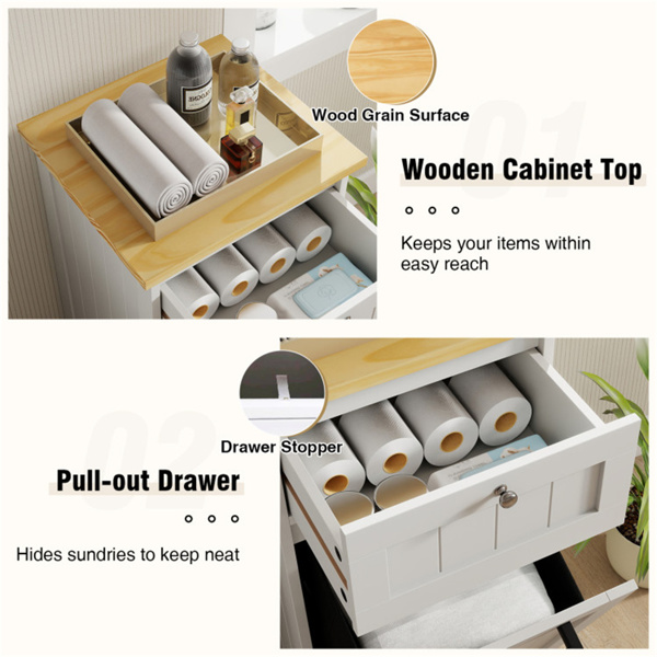 倾斜式洗衣篮柜竹质MDF 10Gal带抽屉防倾倒装置白色+天然-7