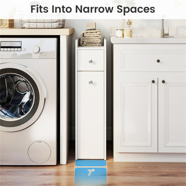 超薄浴室储物柜，带脚轮抽屉，凸起边缘顶部货架防坠落整理器-白色-6