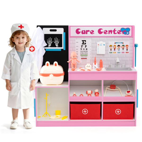 带X射线心电图监测仪的木制医生办公玩具，适用于3-6岁幼儿水槽高度测量仪-粉色-1