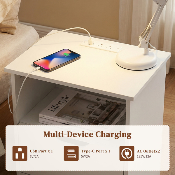 白色 P2刨花板 贴麻面三胺 无拉手 40*30*60cm 两抽带上隔层 床头柜 带欧规电源 1PC-2