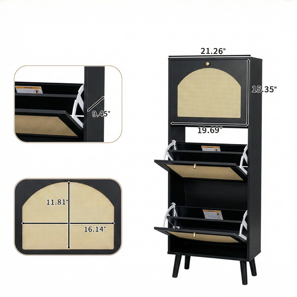 藤面3翻斗 鞋柜 刨花板 54*24*135 cm  黑色-5