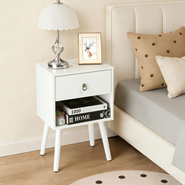 白色 P2刨花板+实木腿 贴麻面三胺 拉环拉手 38*30*55cm 一抽带下隔层 床头柜 1PC-6