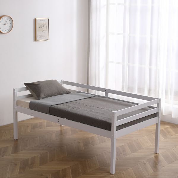 白色 油漆面 松木+胶合板 头尾横撑护栏 Twin 儿童木床 直梯 可拆分成单层床 双层床-52