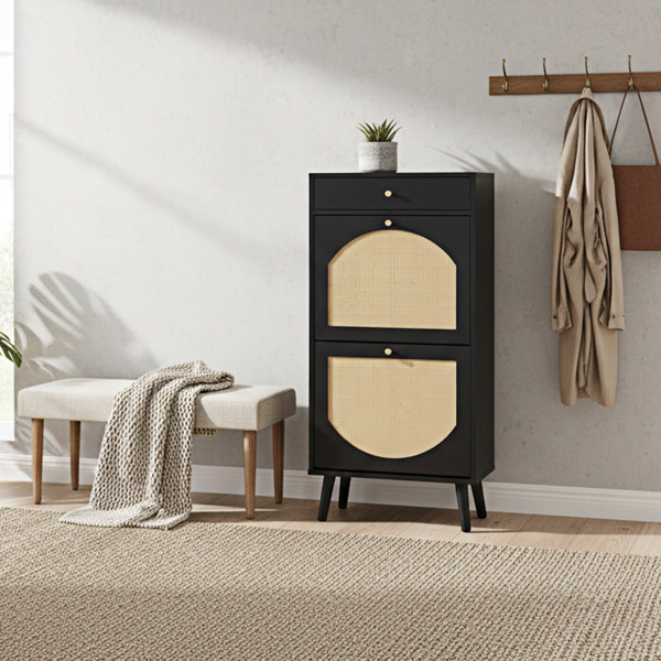 藤面1抽2翻斗 鞋柜 刨花板 54*24*110cm 黑色-10