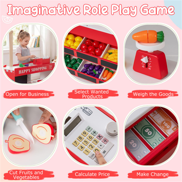 红色木制儿童超市玩具套装，带自动售货机，90.17×78.74×104.14cm杂货店玩具，带购物车，3人+-11